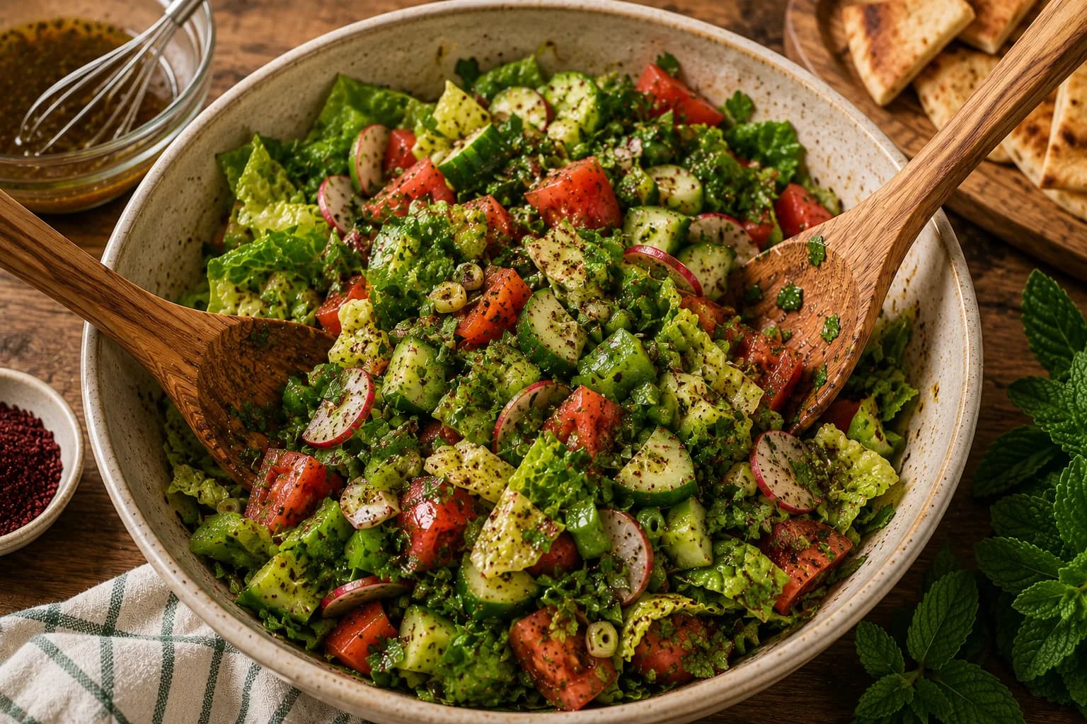 Fresh Fattoush vegetables and herbs being gently tossed with lemon-sumac dressing.