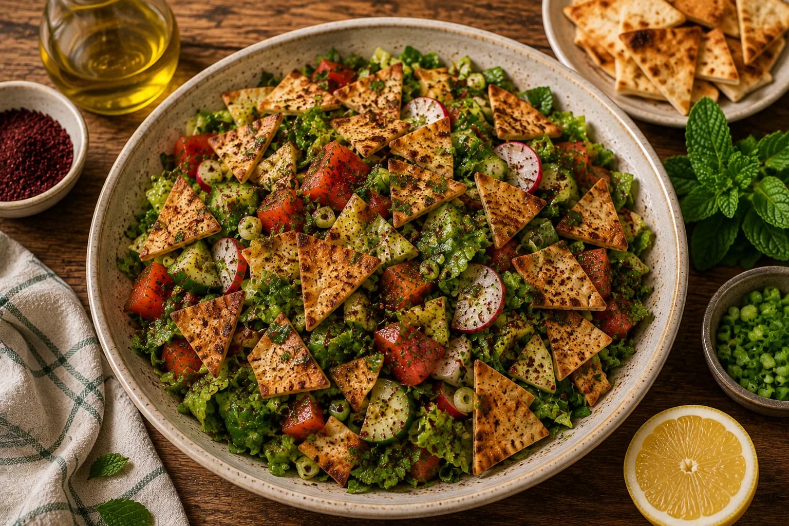 Finished Lebanese Fattoush salad topped with crisp pita and a light sprinkle of sumac.