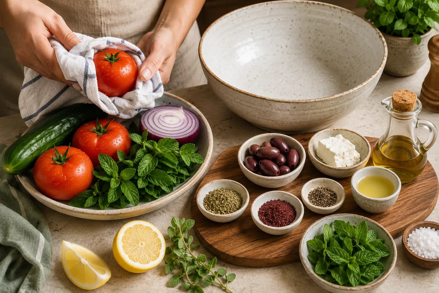 Fresh tomatoes, cucumber, red onion, mint, and other vegetables prepared for Greek salad.