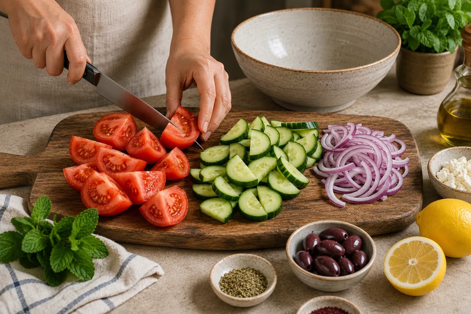Tomatoes, cucumber, and red onion cut into chunky pieces for Mediterranean salad.