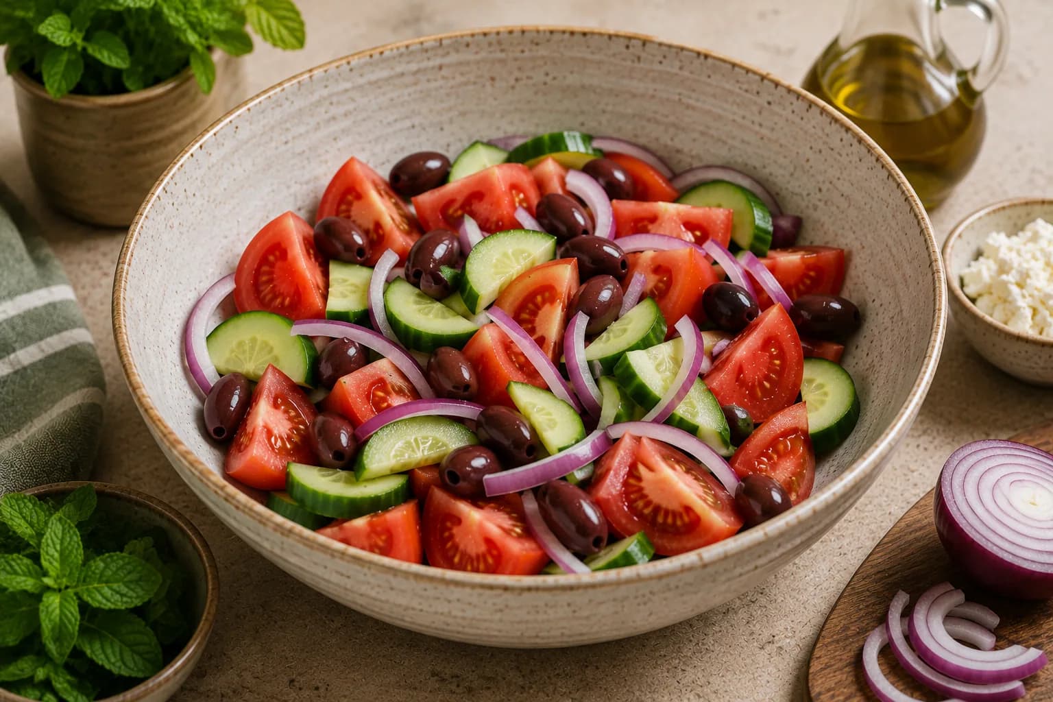 Tomatoes, cucumber, red onion, and Kalamata olives arranged in a salad bowl.