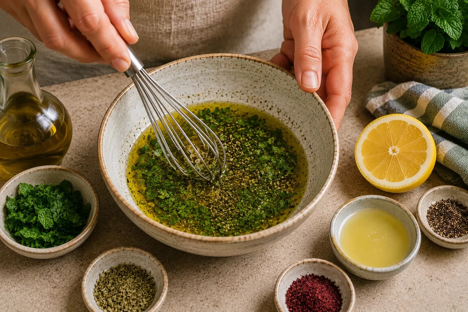 Extra virgin olive oil, lemon juice, oregano, mint, and pepper being combined into a salad dressing.