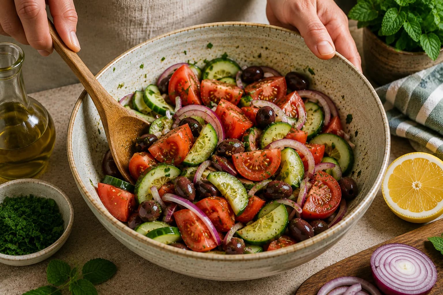 Mediterranean lemon and olive oil dressing being gently tossed with Greek salad vegetables.
