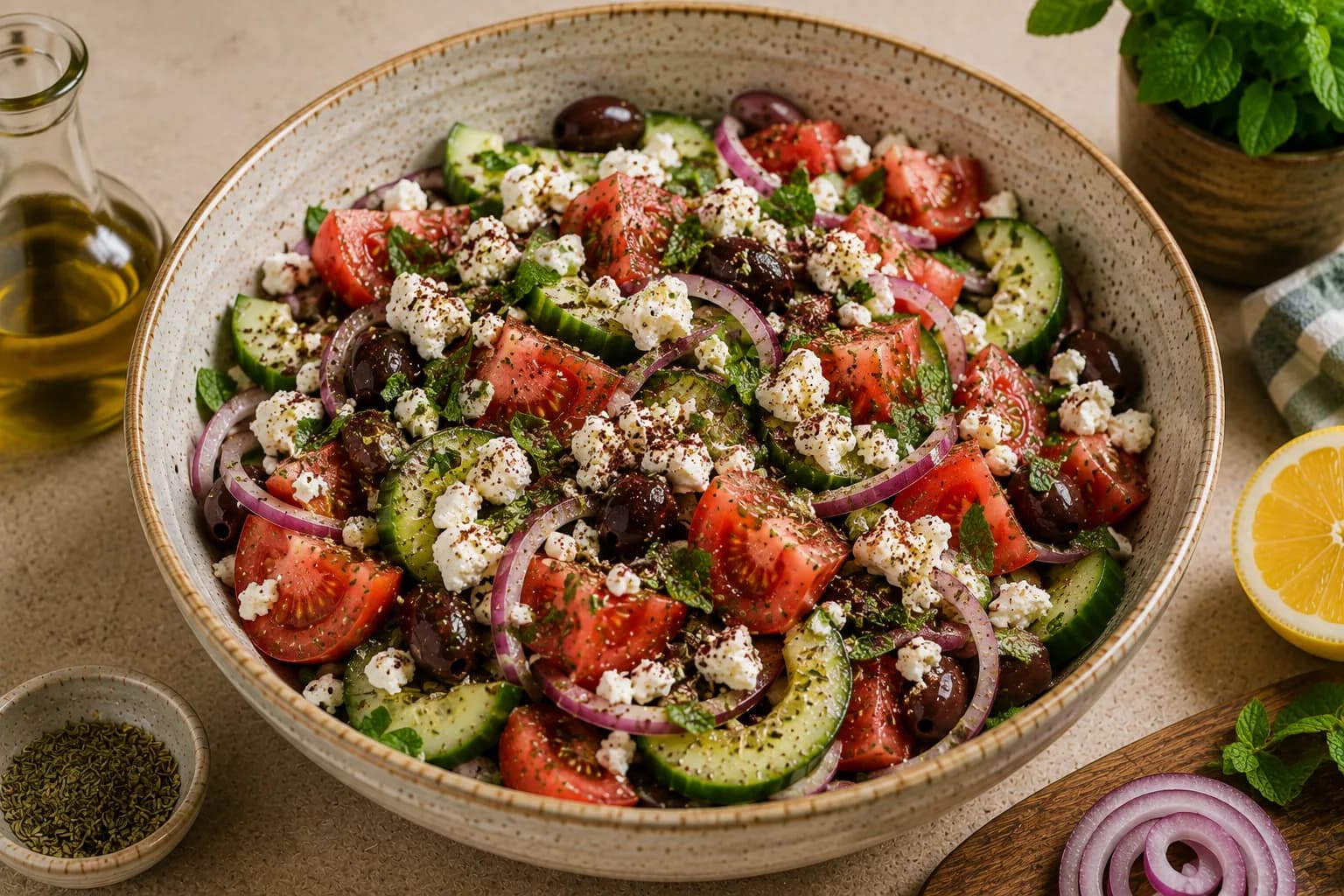 Finished Greek-inspired salad topped with feta, oregano, fresh mint, and sumac.
