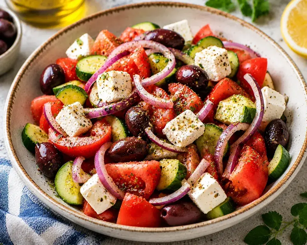 Greek-inspired Mediterranean salad with tomatoes, cucumber, feta, Kalamata olives, red onion, oregano, mint, and lemon dressing.