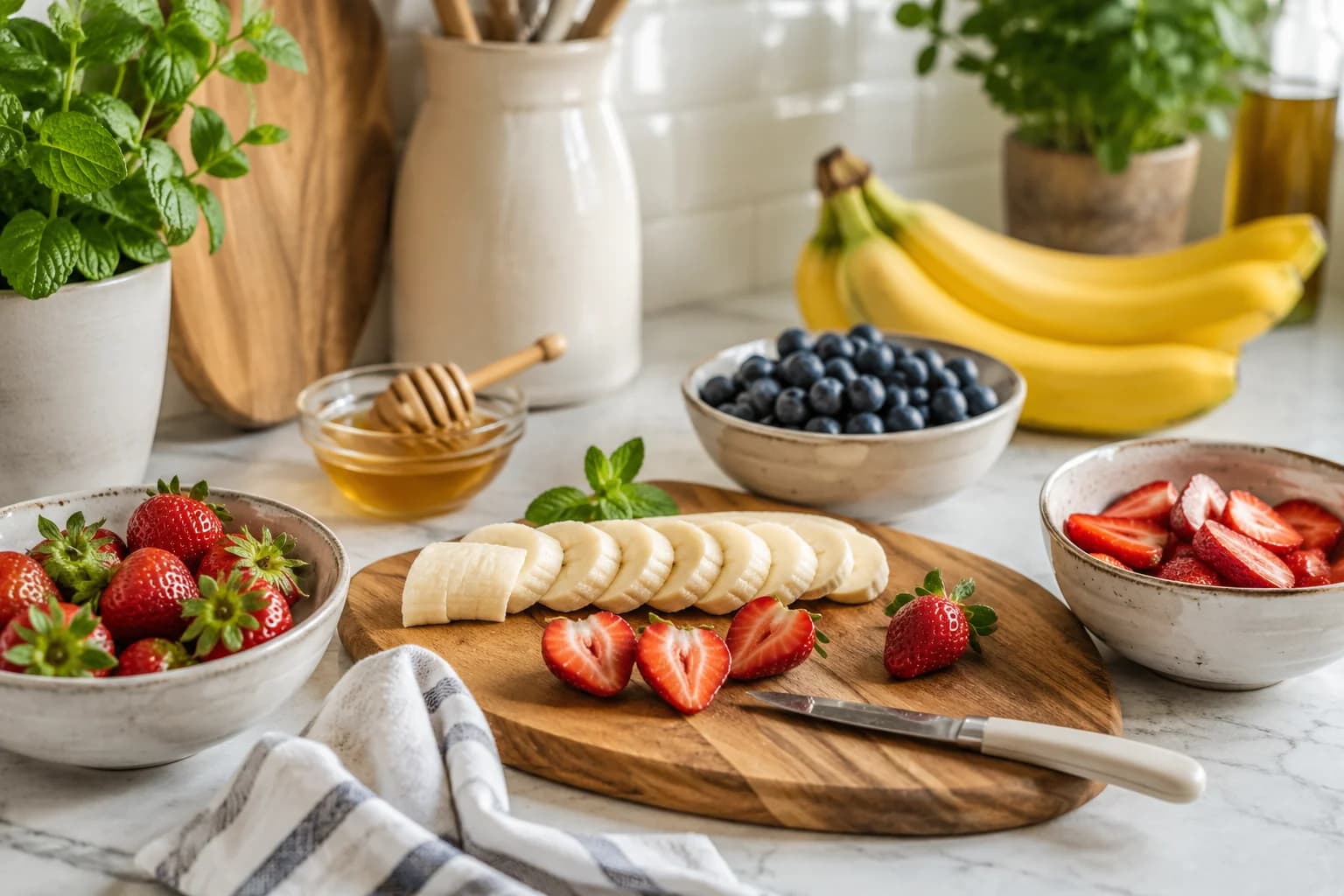 Fresh strawberries, blueberries, and banana prepared for a Lebanese-style yogurt breakfast bowl.