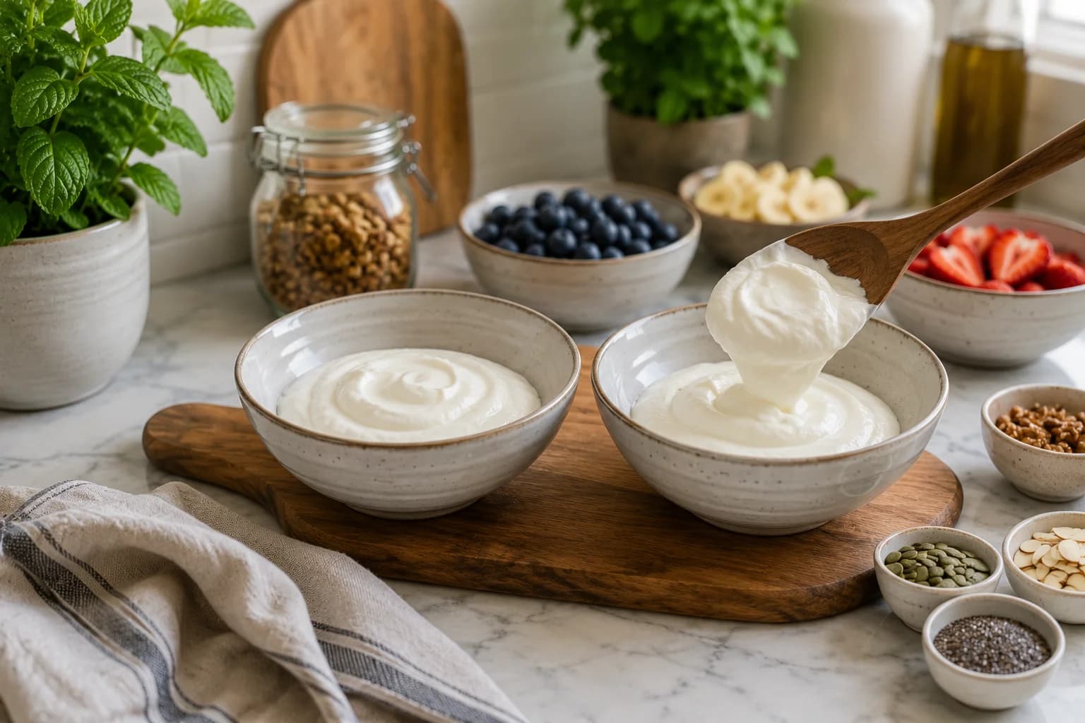 Thick Greek yogurt divided between two bowls as the base of the breakfast bowl.