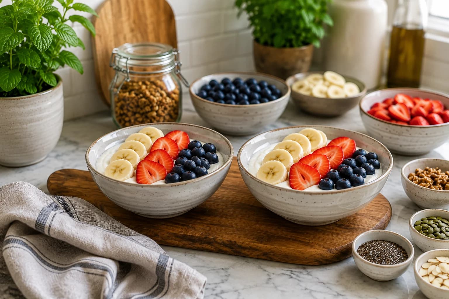 Banana slices, strawberries, and blueberries arranged over Greek yogurt.