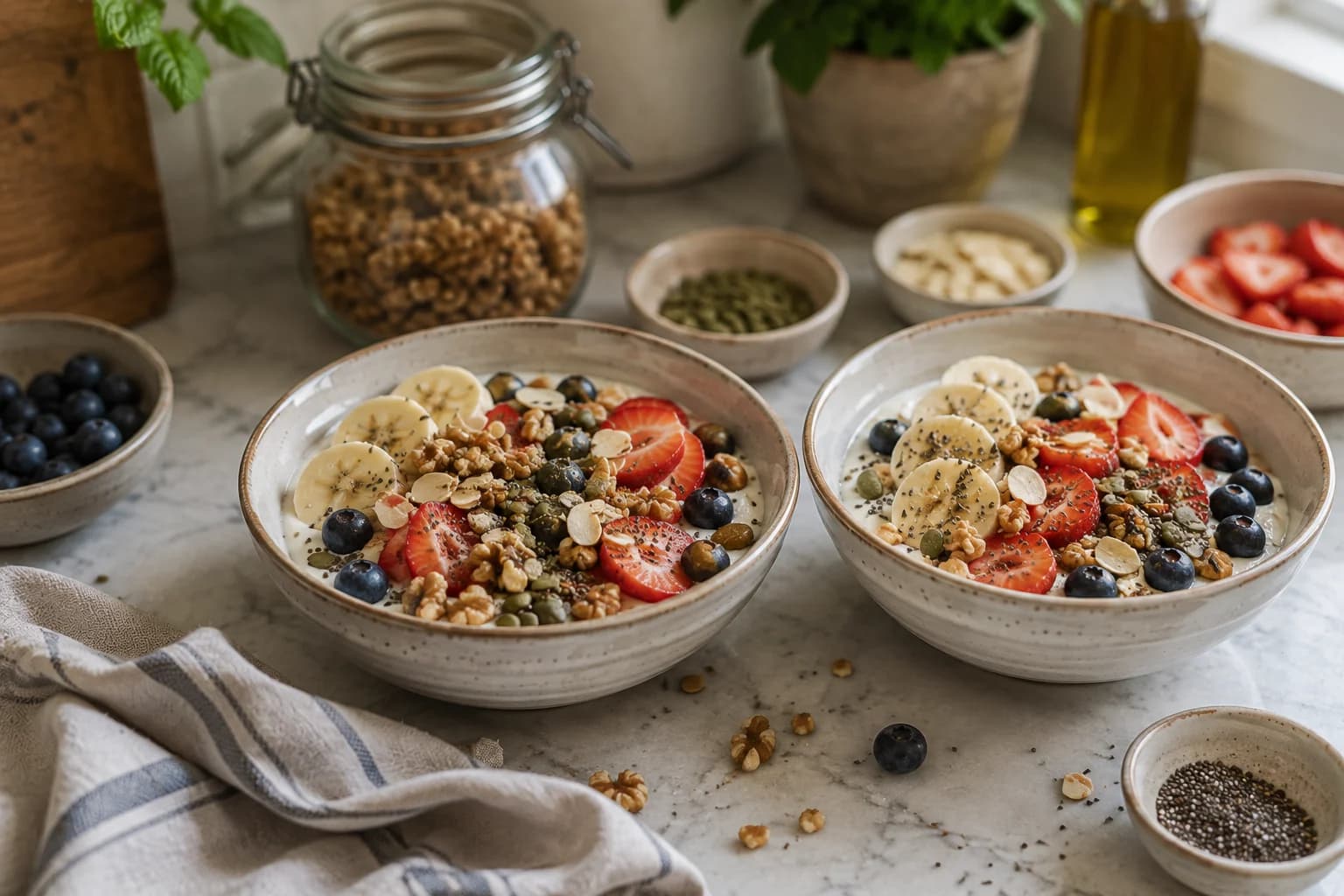 Walnuts, almonds, chia seeds, and pumpkin seeds scattered over fruit and Greek yogurt.
