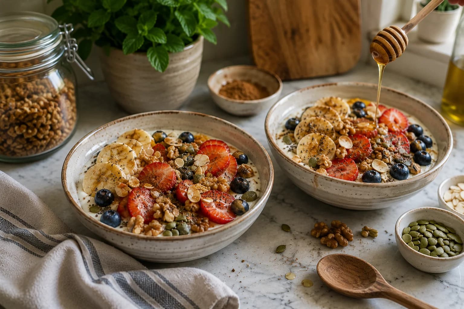 Greek yogurt breakfast bowls finished with a drizzle of honey and ground cinnamon.