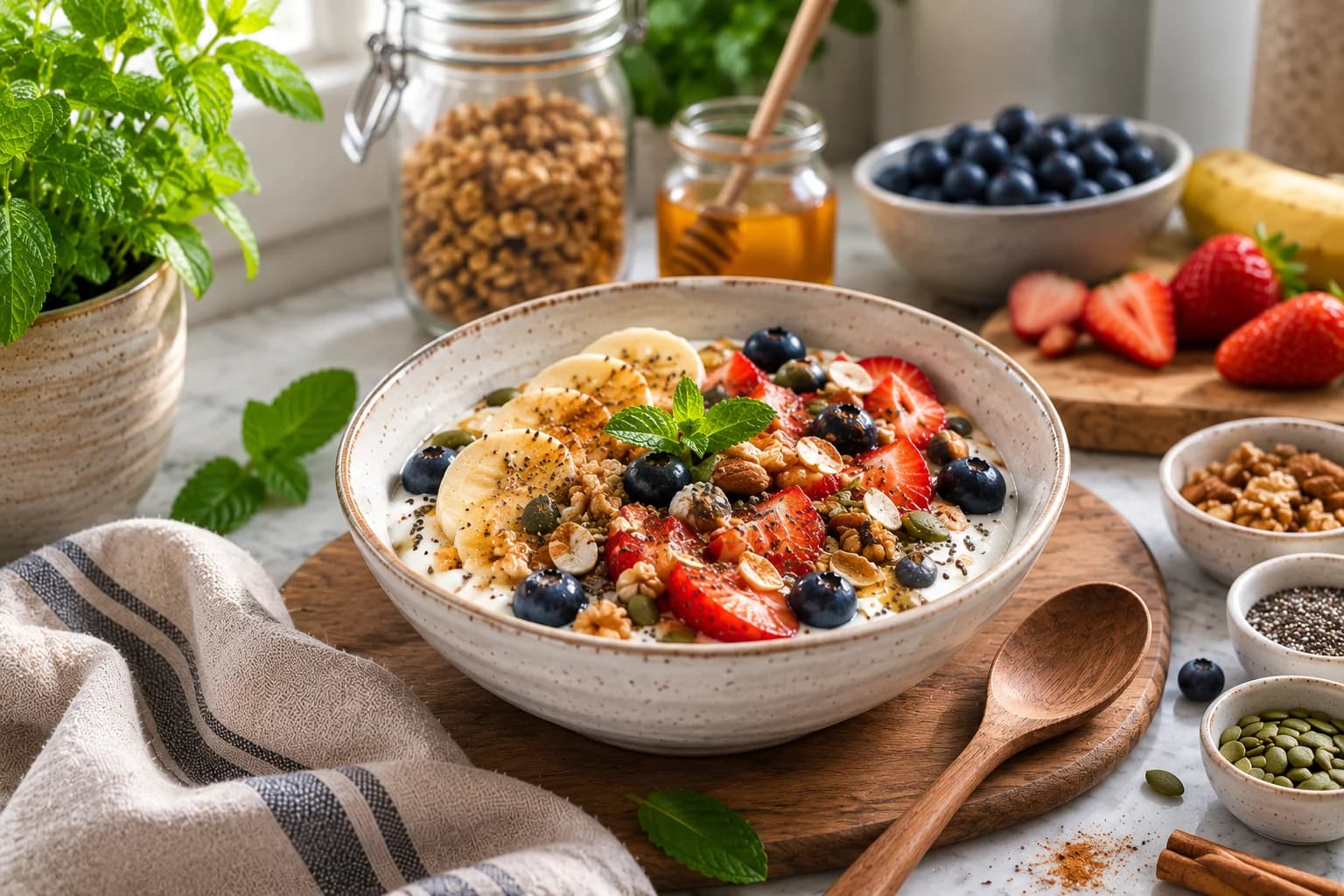 Finished Lebanese-style Greek yogurt breakfast bowl garnished with fresh mint.