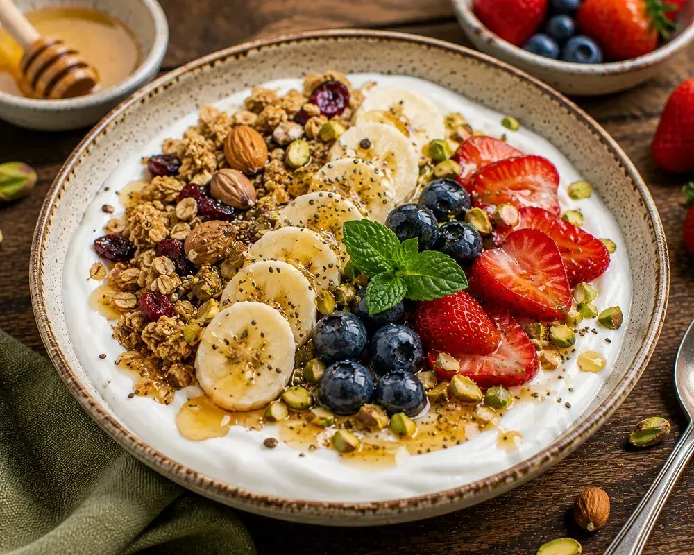 Lebanese-style Greek yogurt breakfast bowl topped with banana, strawberries, blueberries, walnuts, almonds, chia seeds, pumpkin seeds, honey, cinnamon, and fresh mint.
