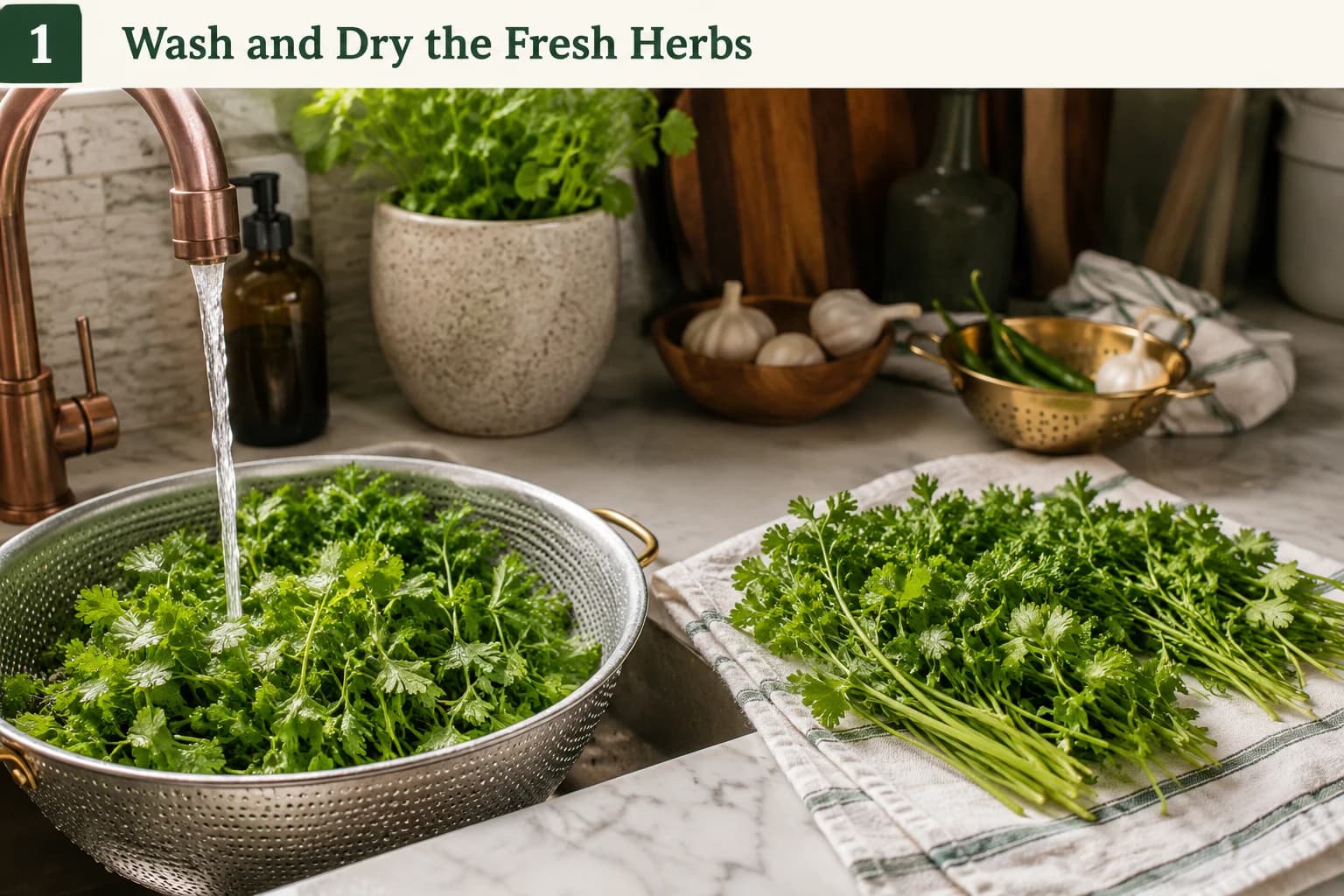 Fresh cilantro and parsley being washed and thoroughly dried before making Yemeni zhoug sauce.