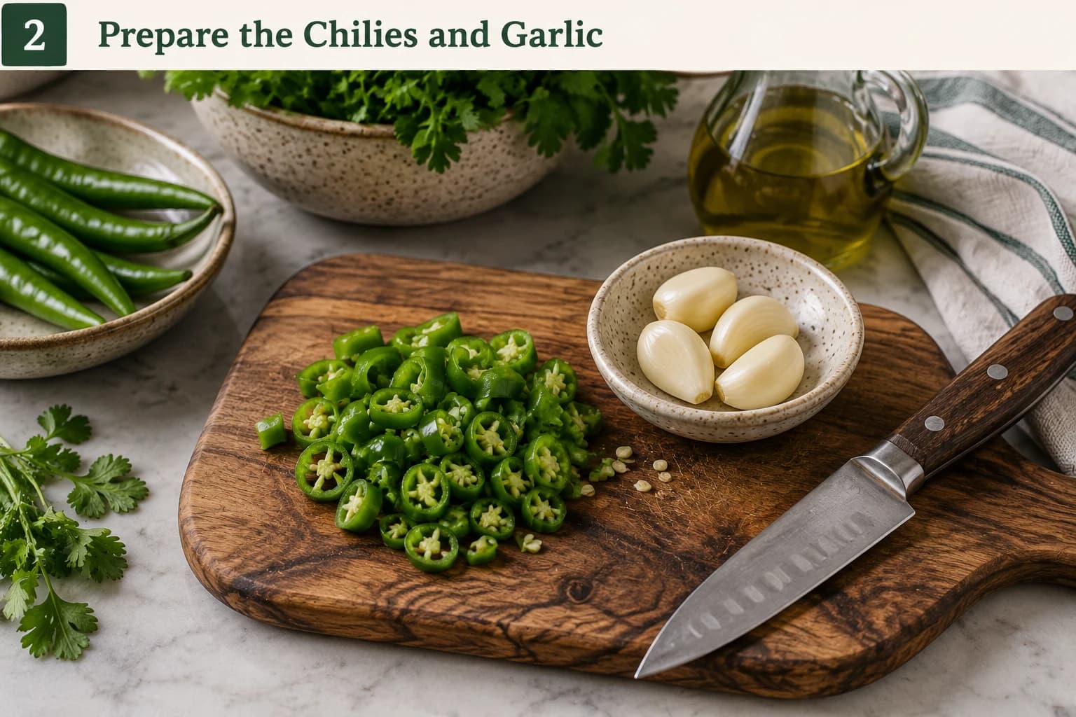 Green chilies and four garlic cloves being prepared for a fresh Yemeni zhoug sauce.