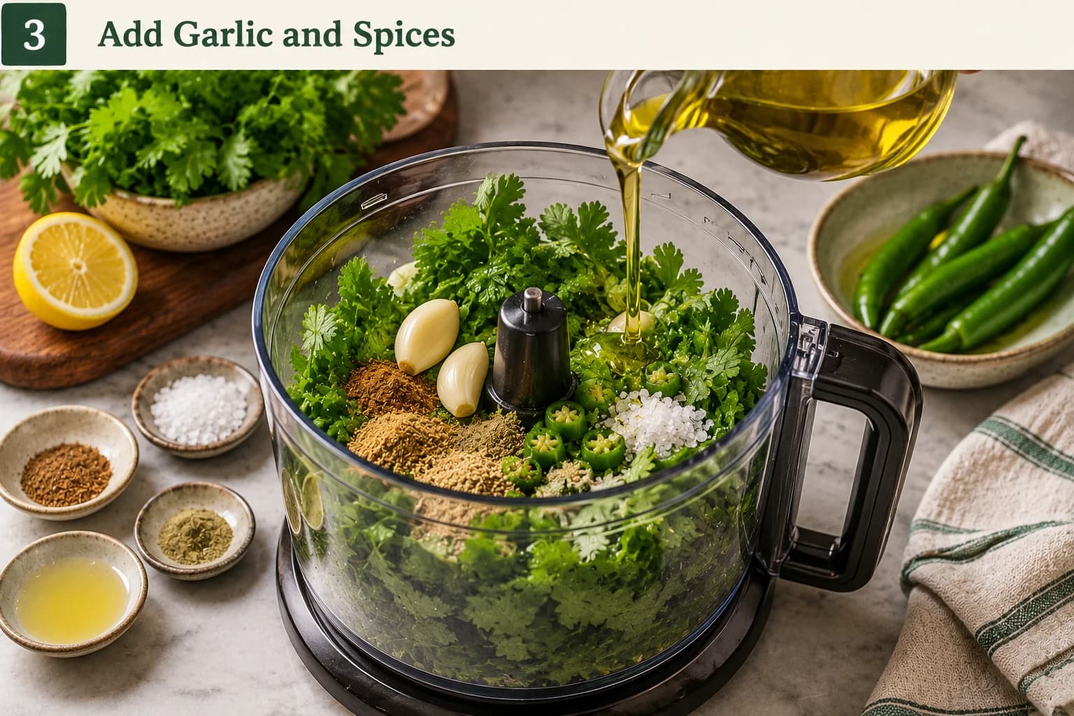 Fresh cilantro, parsley, green chilies, garlic, spices, lemon juice, and olive oil combined in a food processor for zhoug.