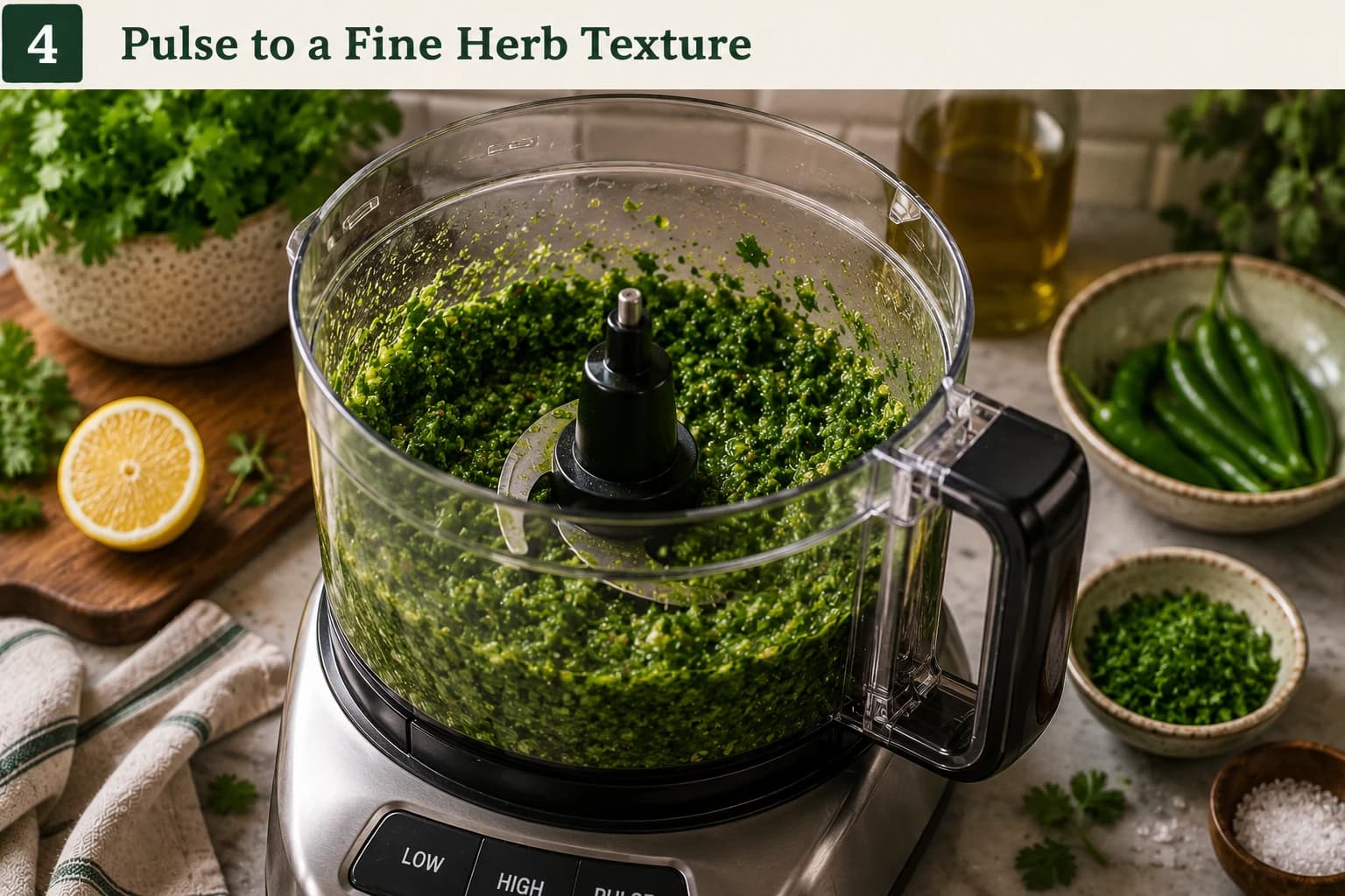 Fresh zhoug ingredients being pulsed into a finely chopped vibrant green herb sauce.