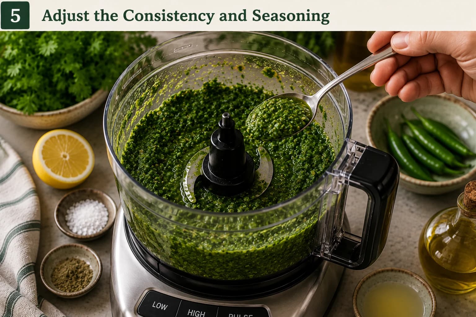 Fresh green zhoug being adjusted with cold water and tasted for the correct texture and seasoning.
