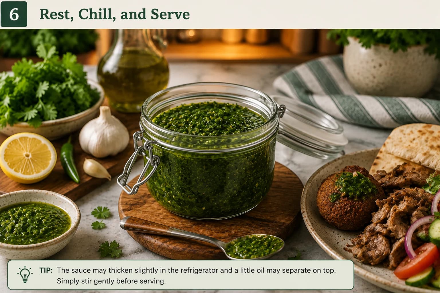 Finished vibrant green Yemeni zhoug sauce chilled and ready to serve with Middle Eastern mezze.