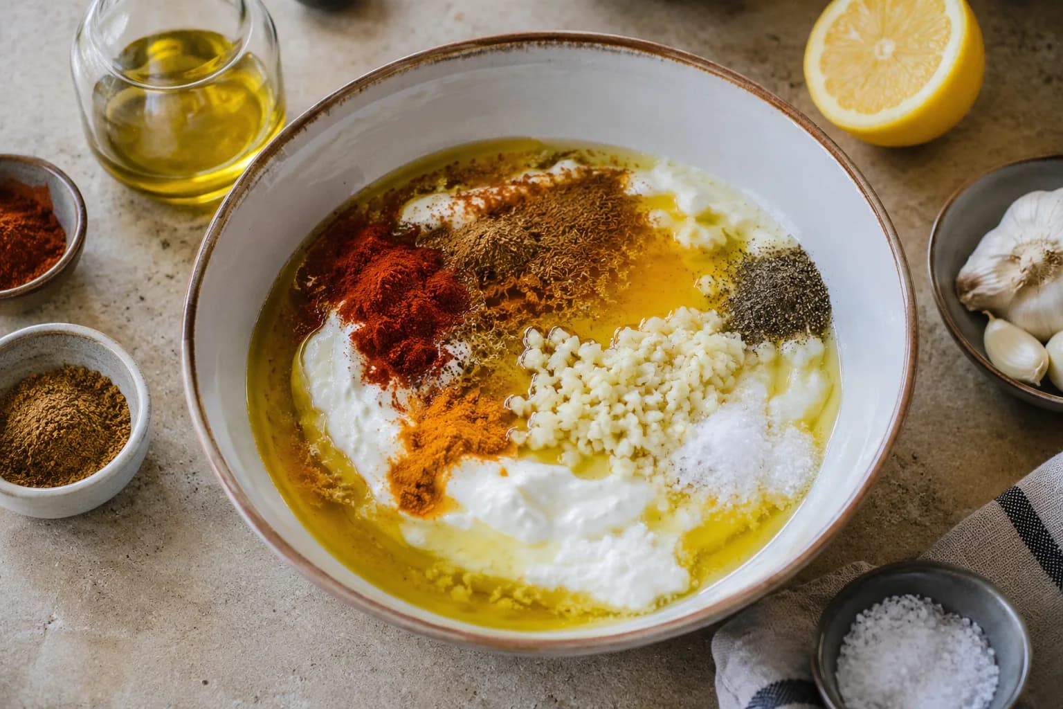 Greek yogurt, lemon, garlic, olive oil, and warm shawarma spices being mixed in a bowl.