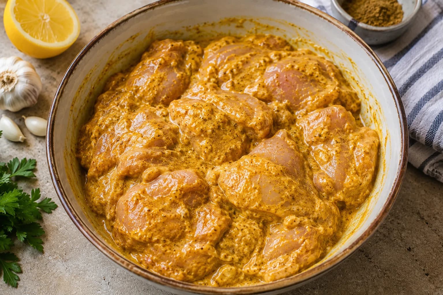 Boneless chicken thighs thoroughly coated in a golden yogurt and spice shawarma marinade.