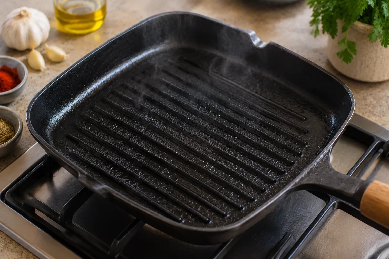 Hot grill or grill pan prepared for cooking marinated chicken shawarma.