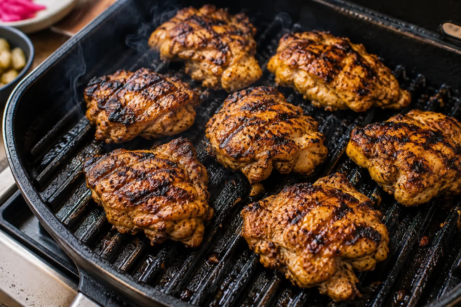 Marinated chicken thighs grilling with browned edges and visible grill marks.