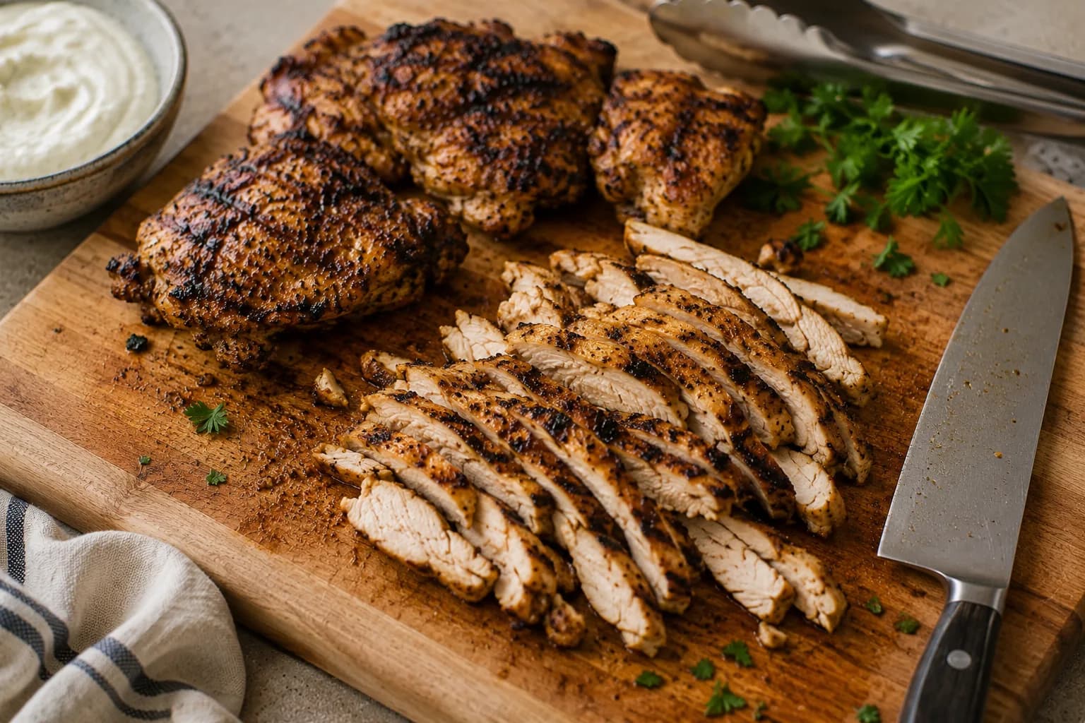 Grilled chicken shawarma resting before being sliced into thin tender strips.