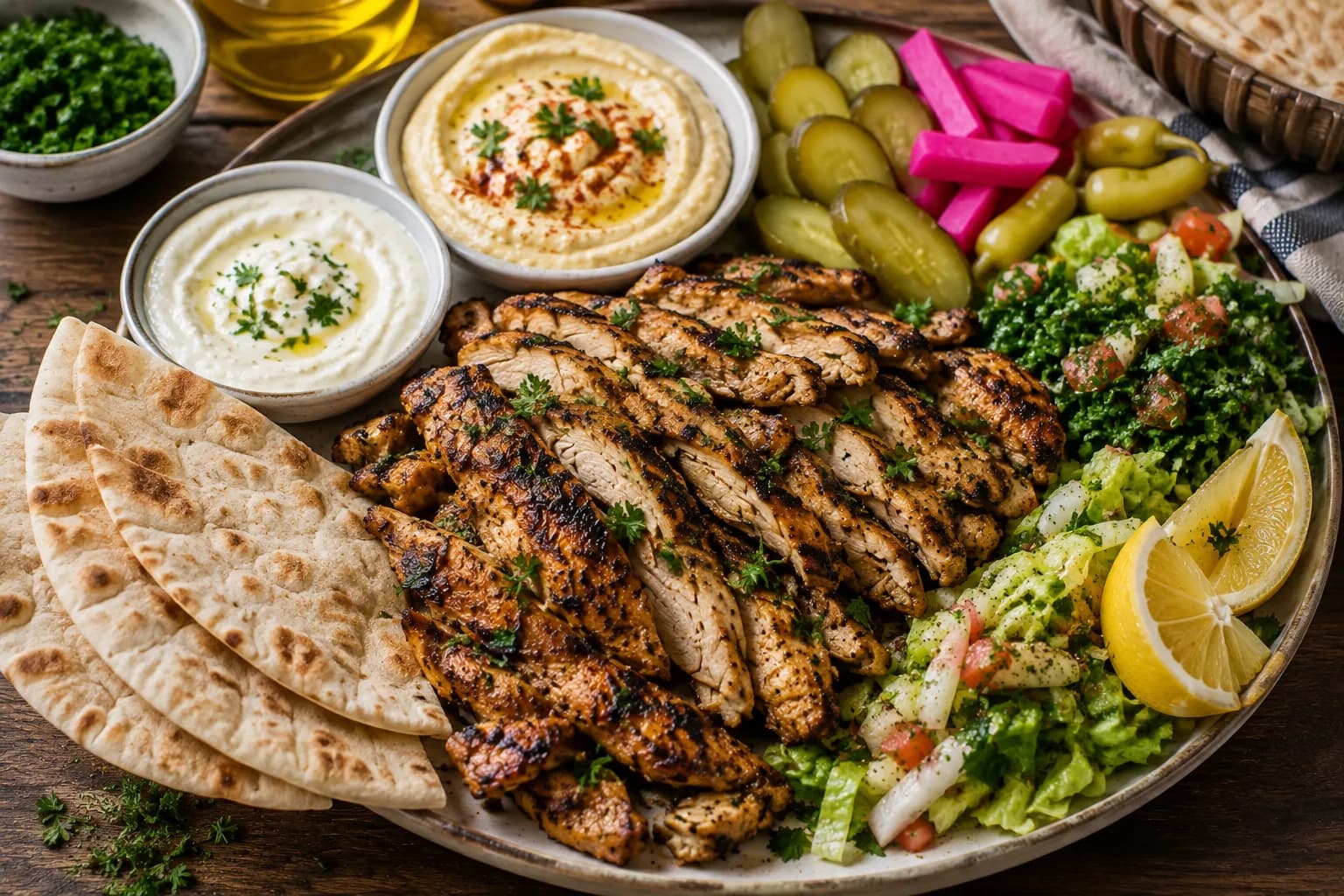 Sliced grilled chicken shawarma served with pita bread, garlic sauce, hummus, pickles, parsley, and salad.