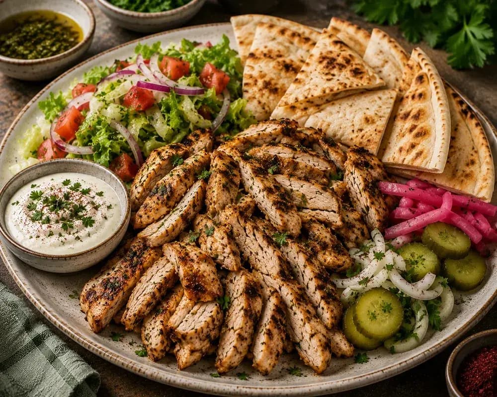 Juicy grilled chicken shawarma sliced into thin strips with warm pita, garlic sauce, pickles, parsley, and fresh Mediterranean salad.