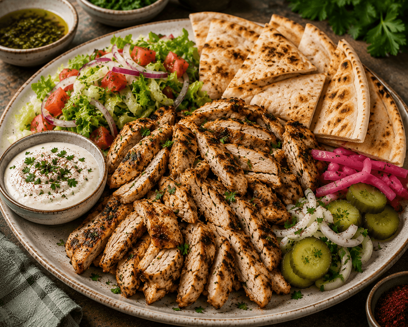 Grilled chicken shawarma served with pita bread, garlic sauce, pickles, and fresh salad.