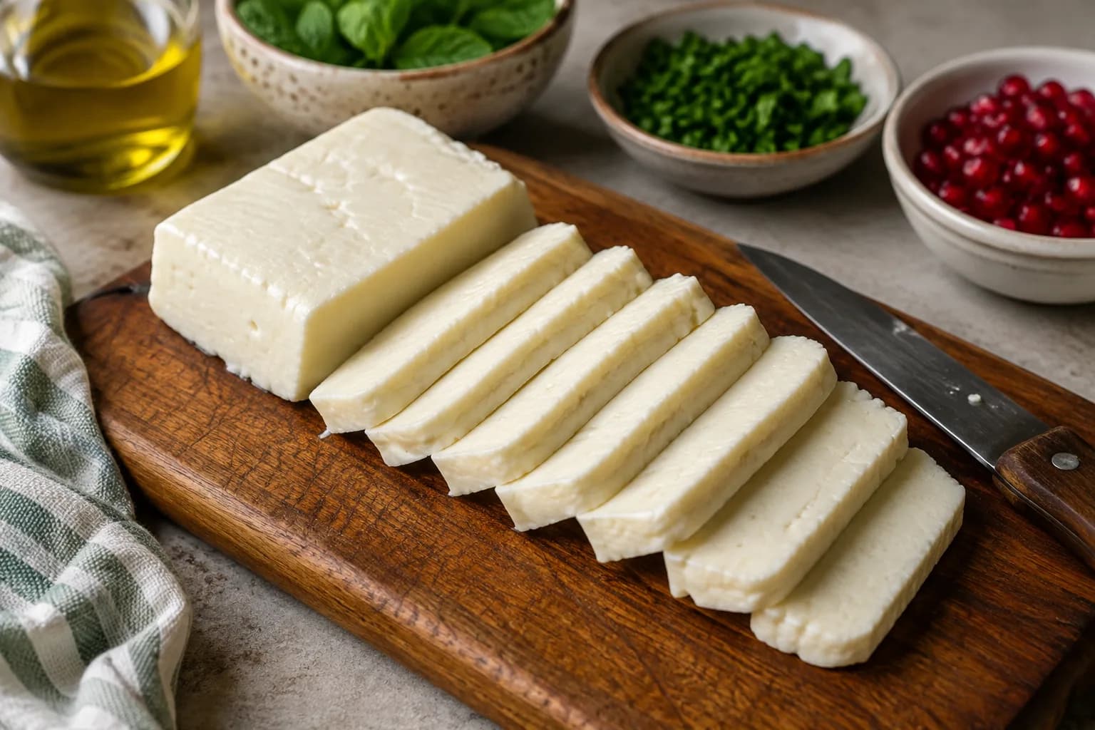 Halloumi cheese being dried and sliced into even pieces before grilling.