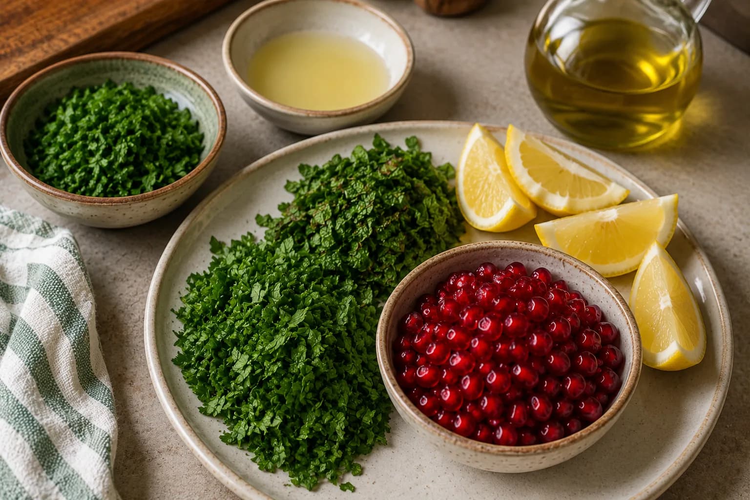 Fresh parsley, mint, pomegranate seeds, and lemon prepared to garnish grilled halloumi.
