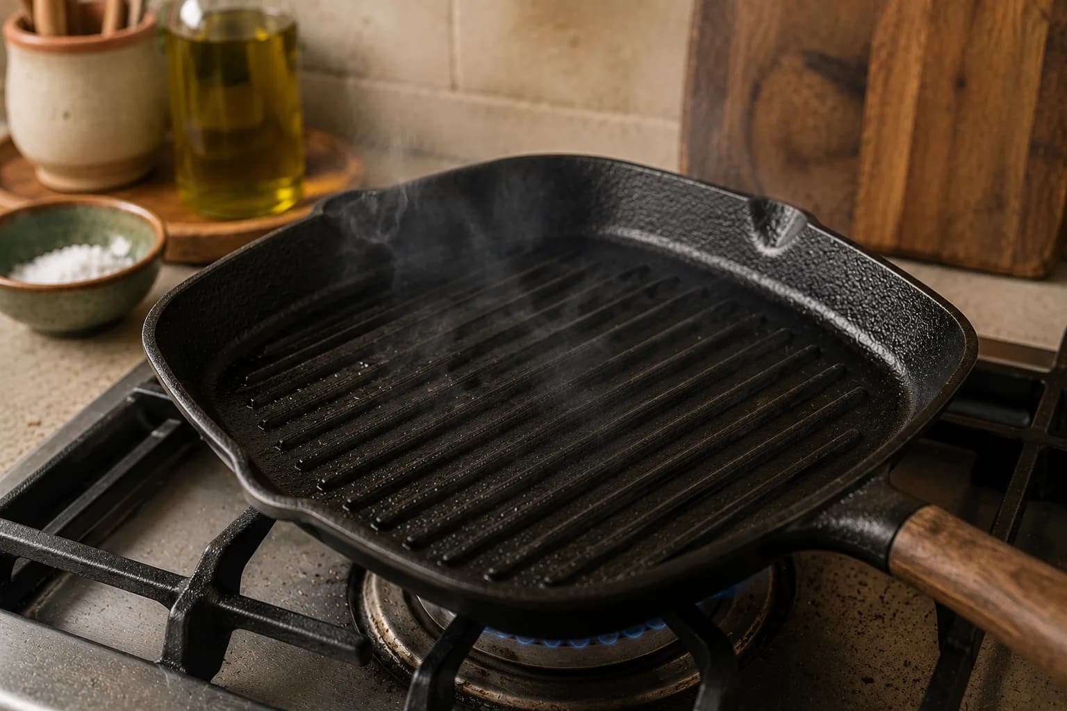 Hot grill pan ready for cooking slices of halloumi cheese.