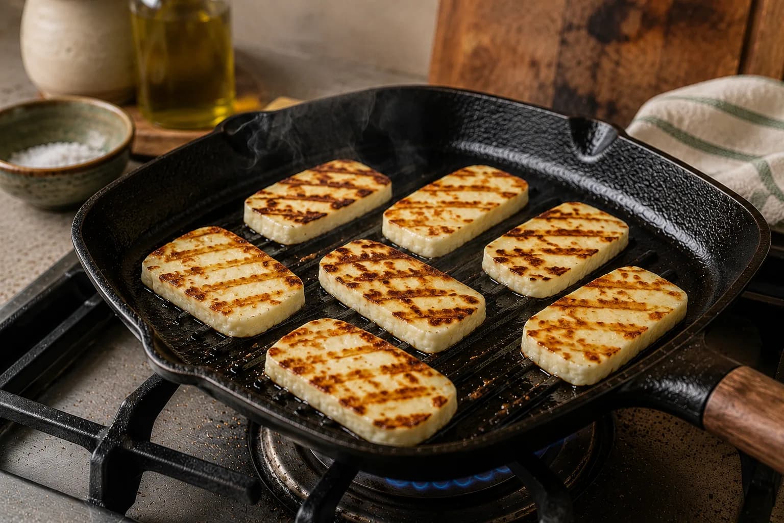 Halloumi slices grilling with natural golden-brown grill marks and lightly crisp edges.