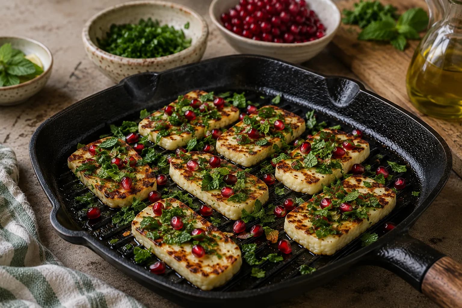 Warm grilled halloumi topped with fresh parsley, mint, and pomegranate seeds.