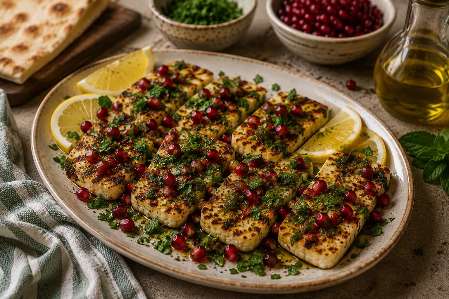Finished grilled halloumi with herbs, pomegranate, lemon, olive oil, and sesame seeds served as Mediterranean mezze.