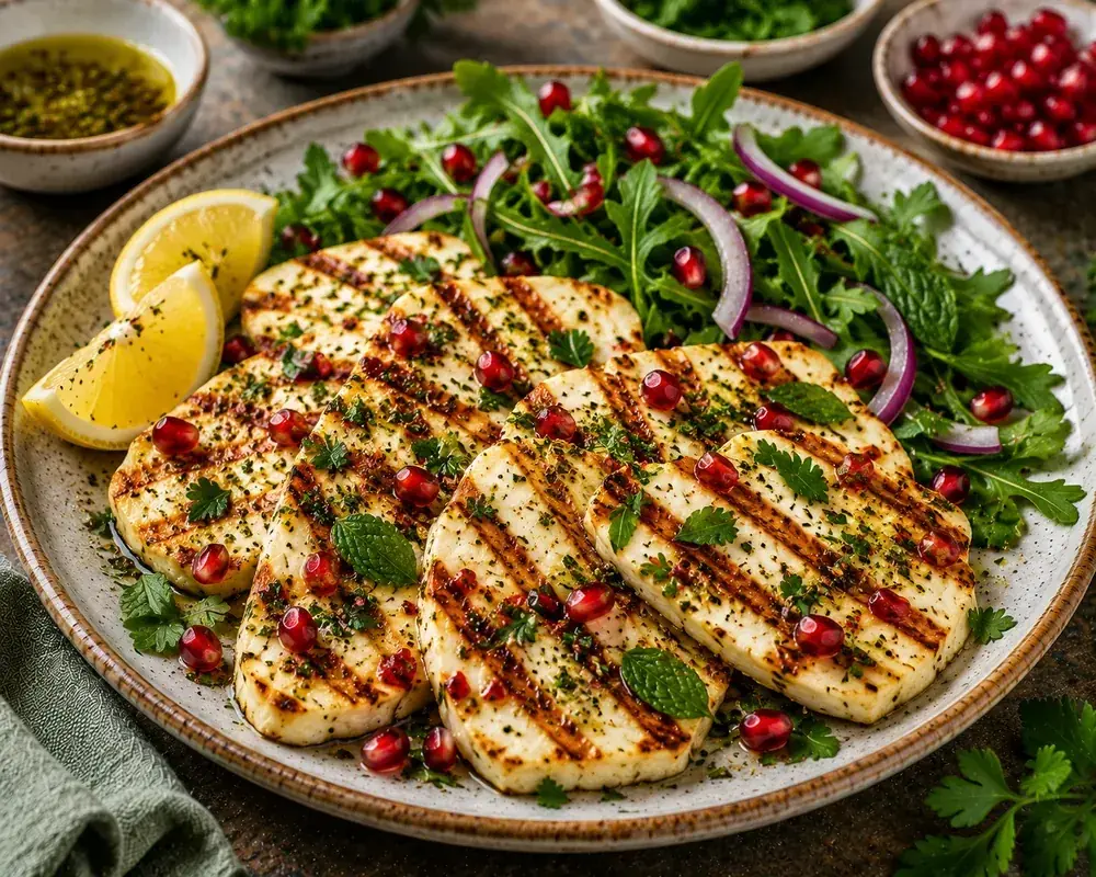 Golden grilled halloumi slices topped with fresh parsley, mint, pomegranate seeds, lemon, and extra virgin olive oil on a Mediterranean serving platter.