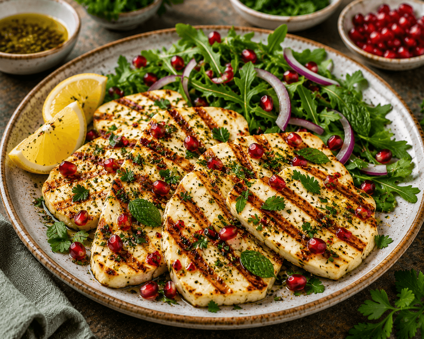 Slices of grilled halloumi topped with parsley, mint, pomegranate seeds, and olive oil on a serving platter.