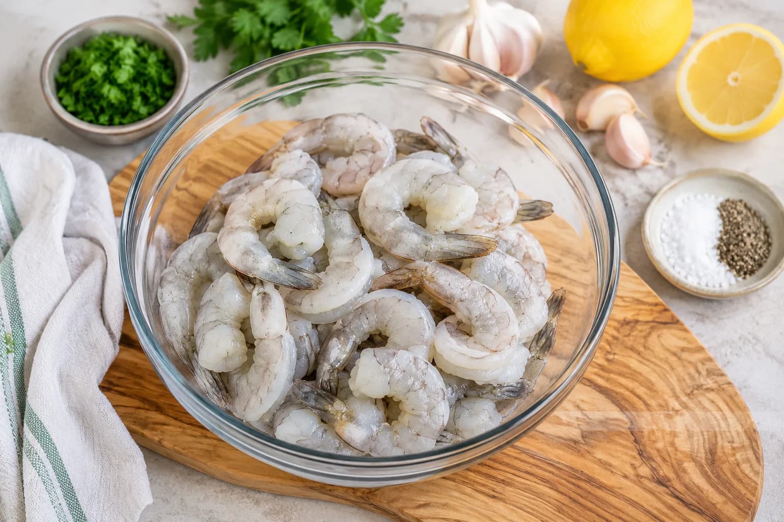 Large peeled and deveined shrimp being dried and prepared for a garlic and lemon marinade.