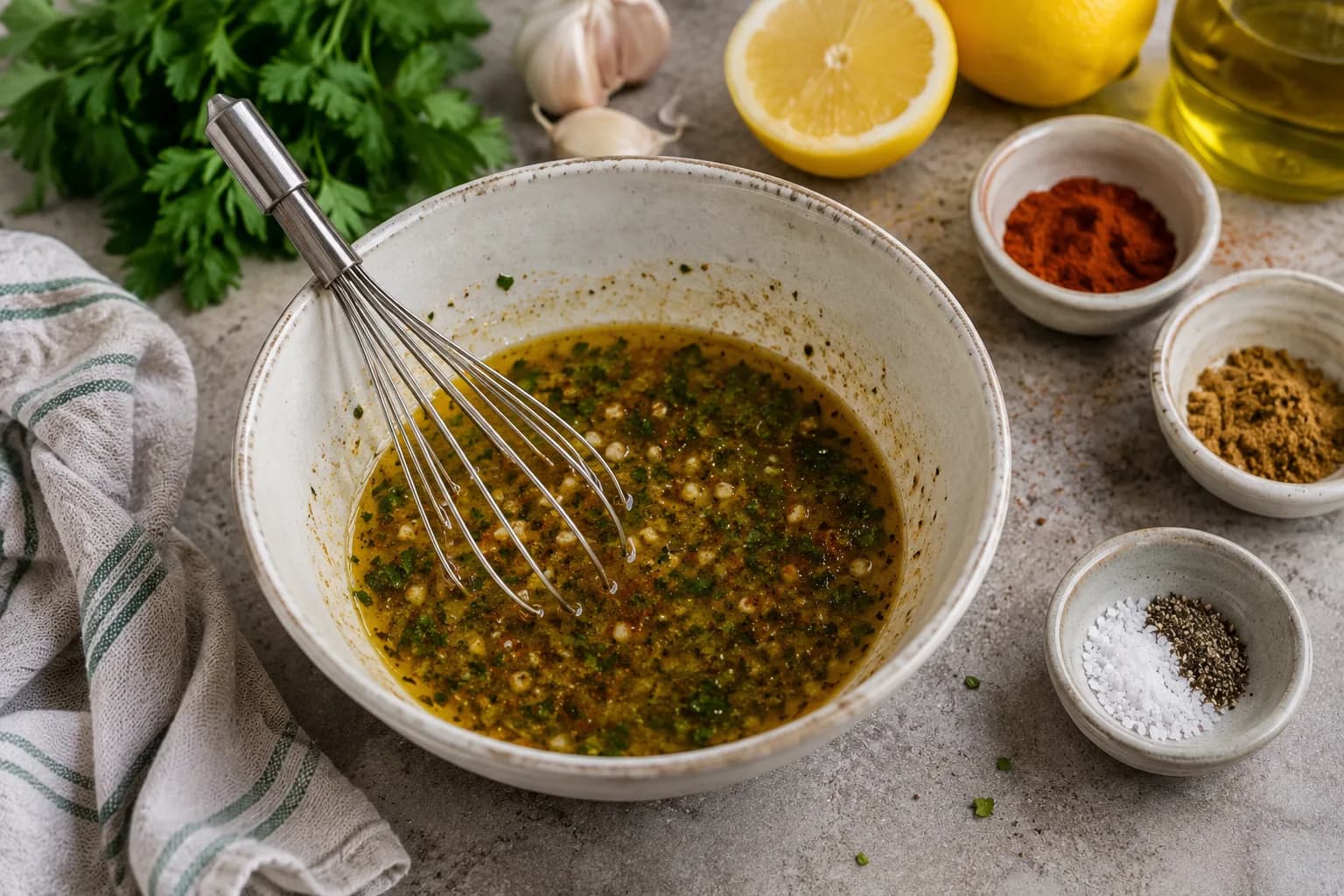 Garlic, lemon juice, olive oil, parsley, cumin, paprika, and spices being mixed into a shrimp marinade.