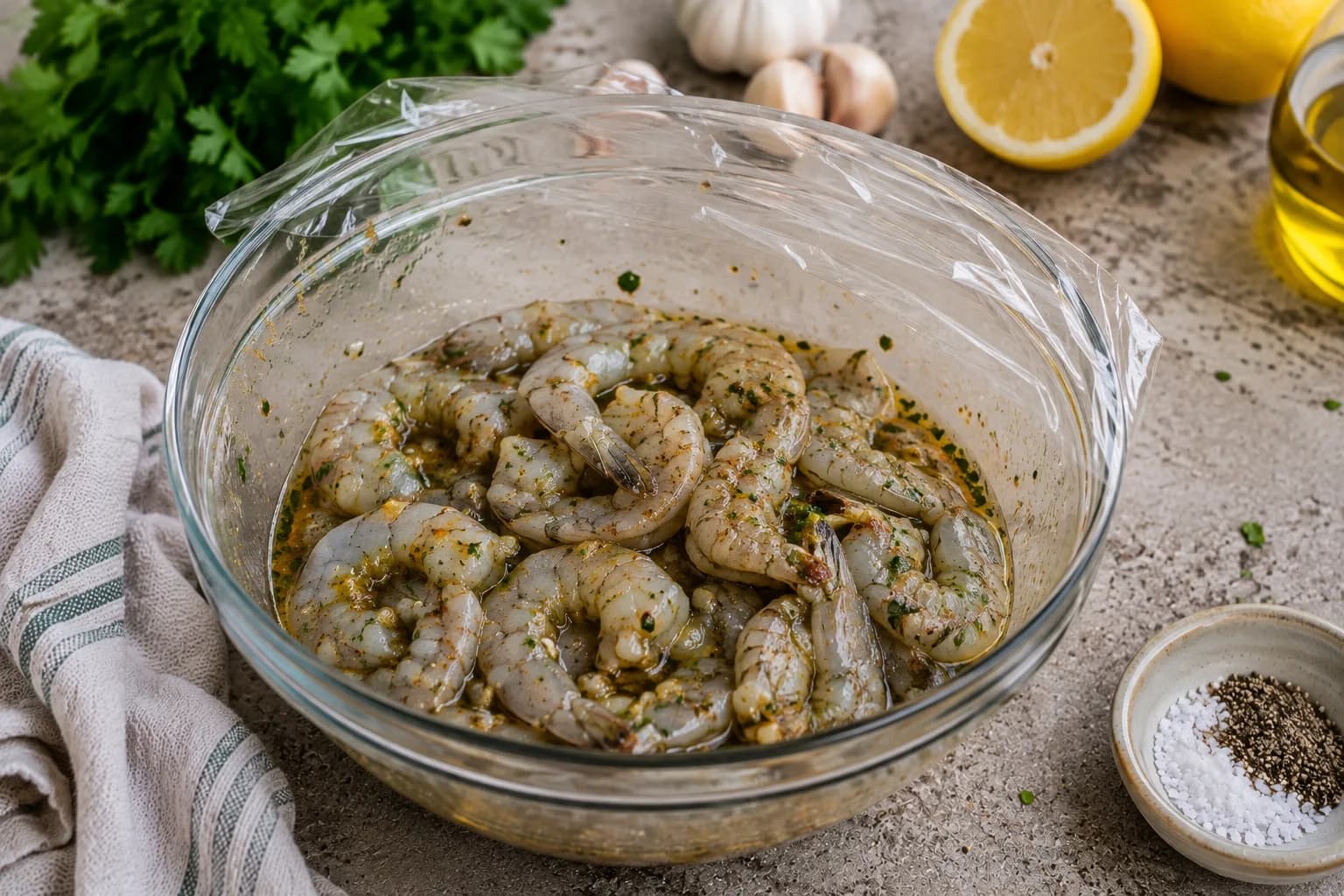 Large shrimp evenly coated in a garlic, lemon, olive oil, and Mediterranean spice marinade.