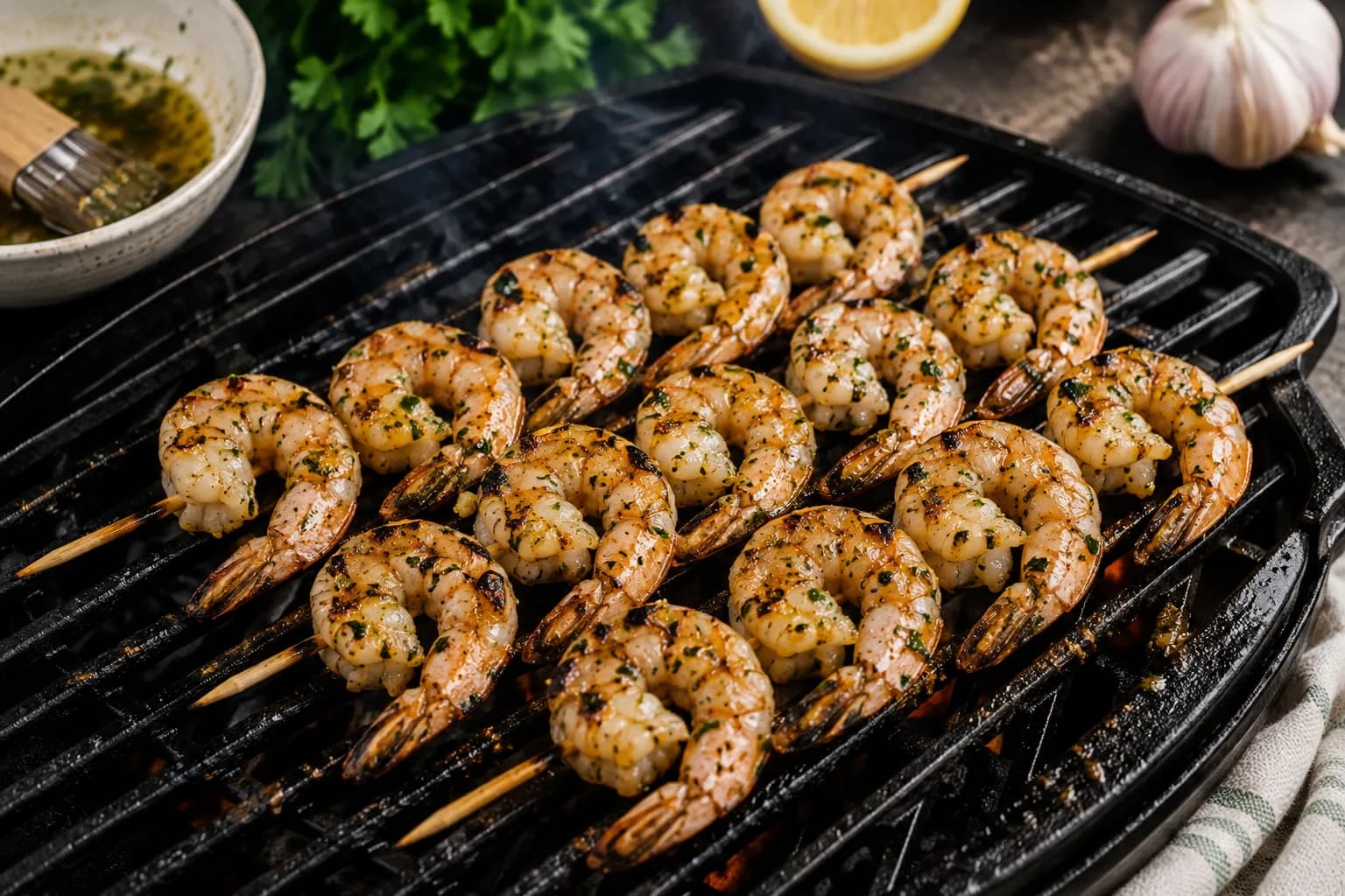 Marinated shrimp cooking on a hot grill and developing light golden-brown grill marks.