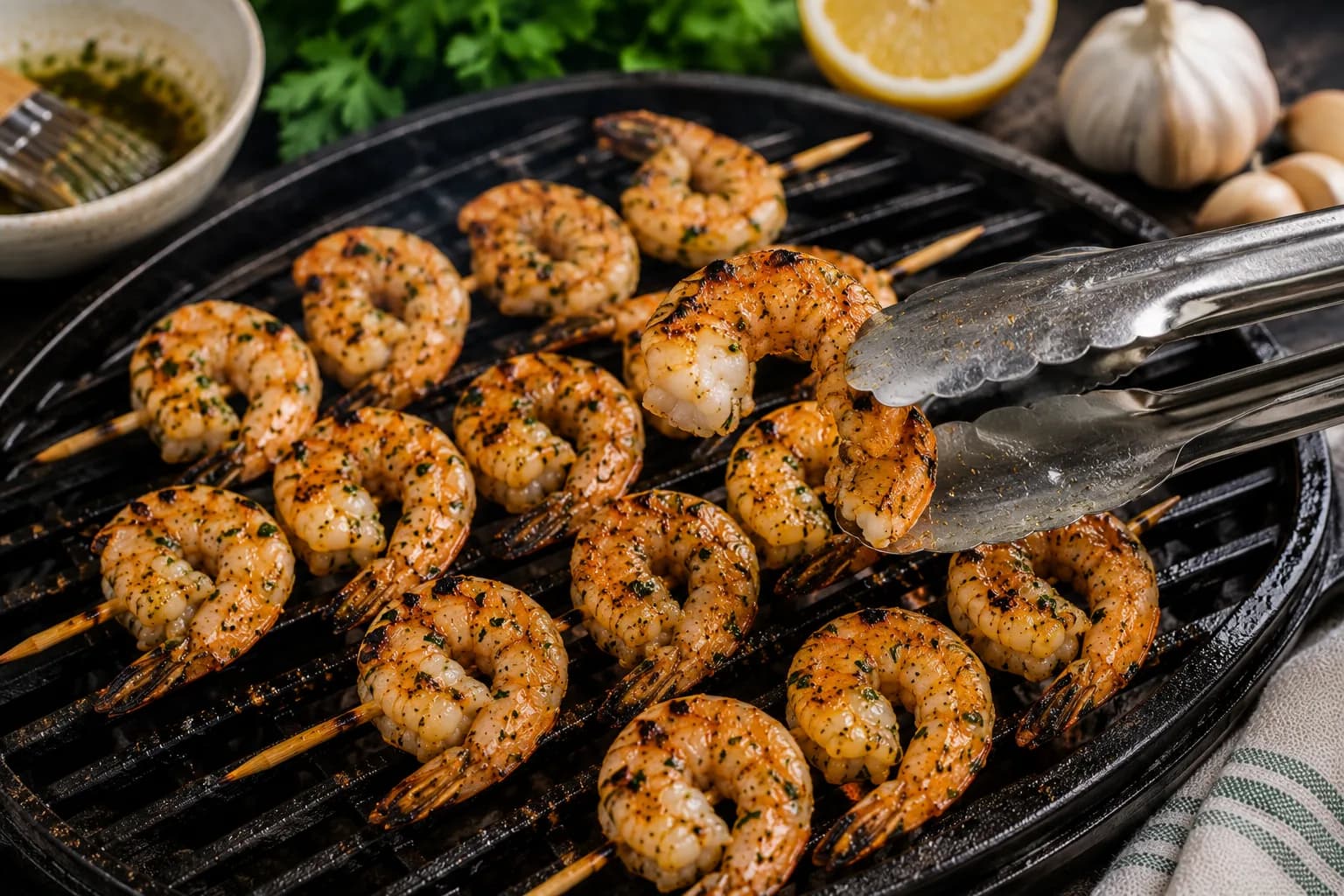 Grilled shrimp showing opaque flesh, light browning, and a relaxed C-shape as they finish cooking.