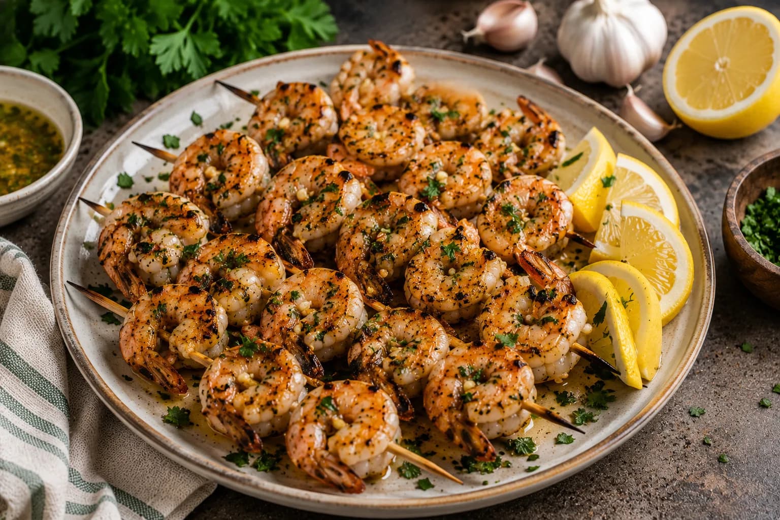 Finished grilled shrimp garnished with fresh parsley and lemon wedges on a Mediterranean serving platter.