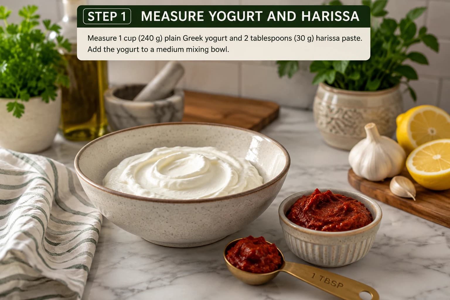 One cup of Greek yogurt and two tablespoons of Tunisian harissa paste being combined in a mixing bowl.