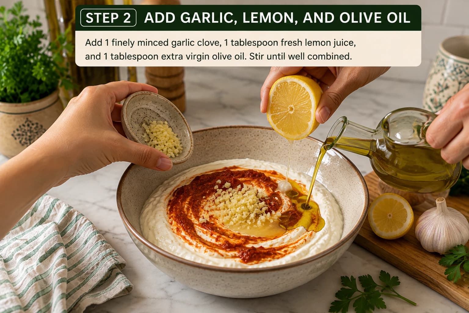 Minced garlic, fresh lemon juice, and extra virgin olive oil being added to harissa and Greek yogurt.