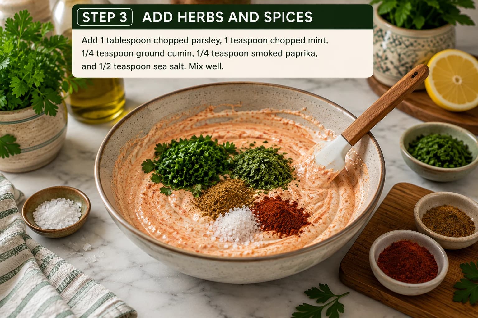 Fresh parsley, mint, cumin, smoked paprika, and sea salt being added to creamy harissa yogurt sauce.