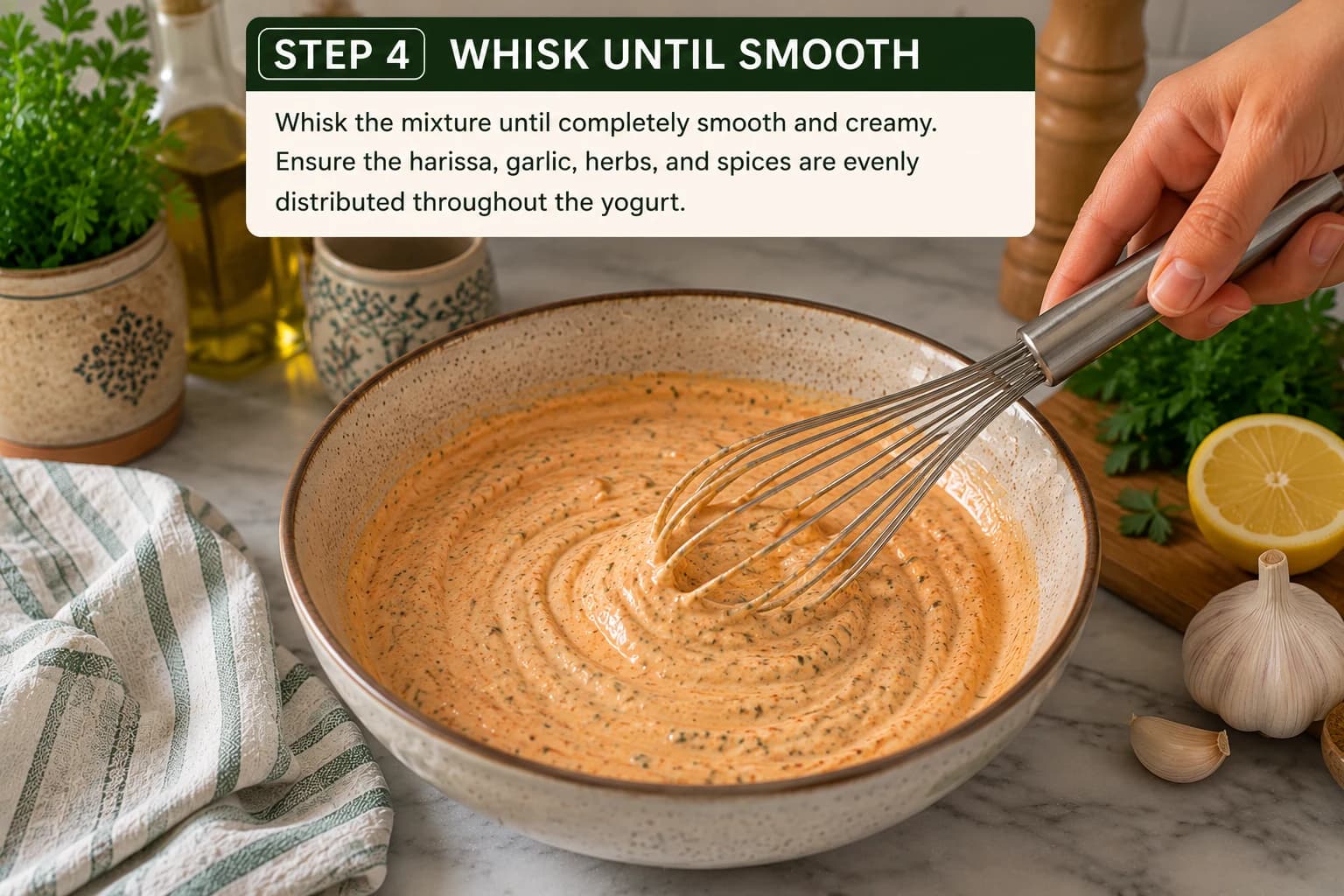 Harissa yogurt sauce being whisked until smooth, creamy, and evenly seasoned.