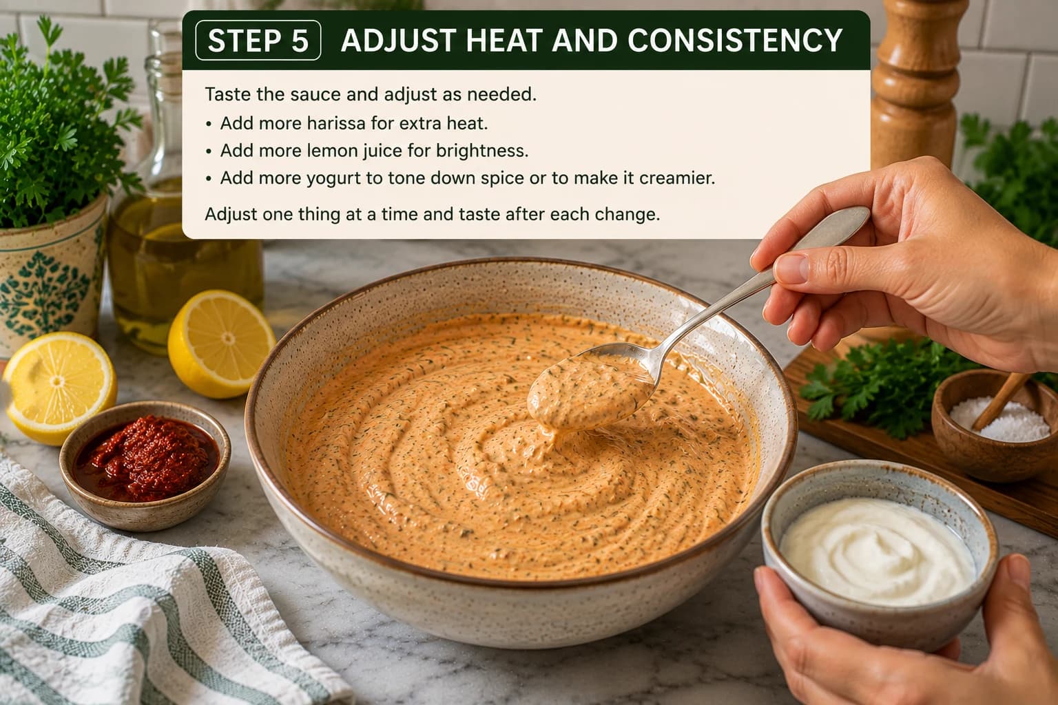 Harissa yogurt sauce being tasted and adjusted for heat, acidity, seasoning, and creamy consistency.