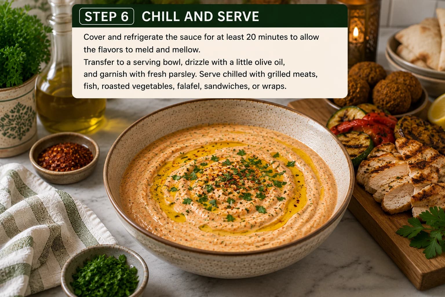Chilled creamy harissa yogurt sauce garnished with fresh parsley and extra virgin olive oil, ready to serve.